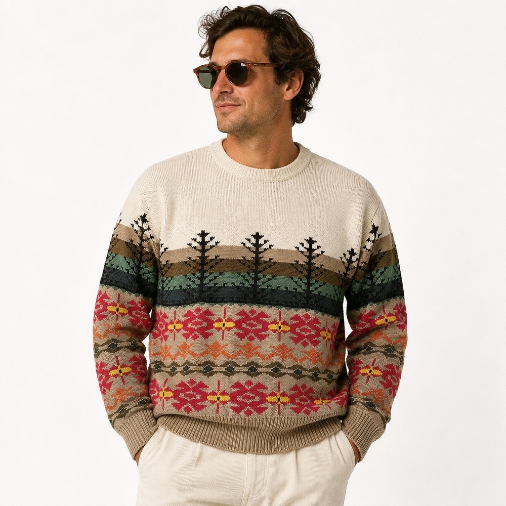Vintage 90s Ruff Hewn AOP Sweater L Southwestern Aztec Scenic Fair Isle Cabin